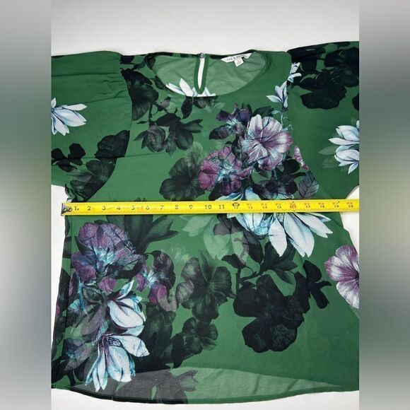 Zac and Rachel Bohemian Green Purple Blue Floral Sheer Top Size S Cuffed sleeve - Picture 10 of 14